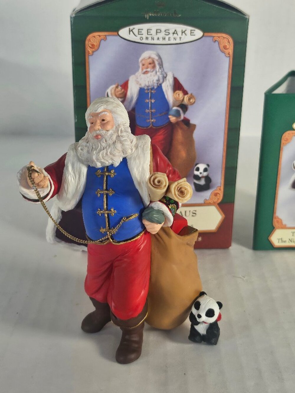 Hallmark Keepsake 2001 Santa Claus & Panda Bear Christmas Ornament Set With Box